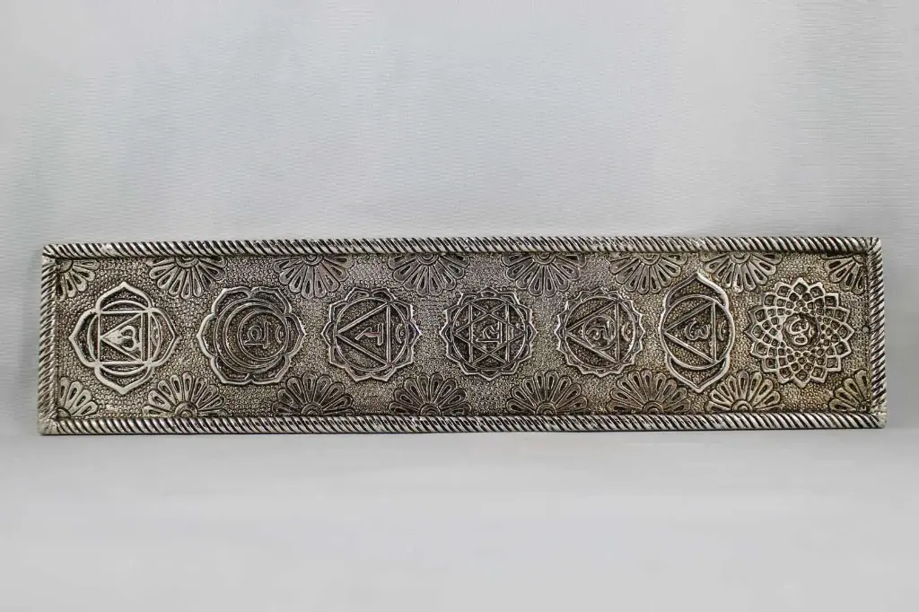 Incense Holder-White Metal Embossed Chakras 10"