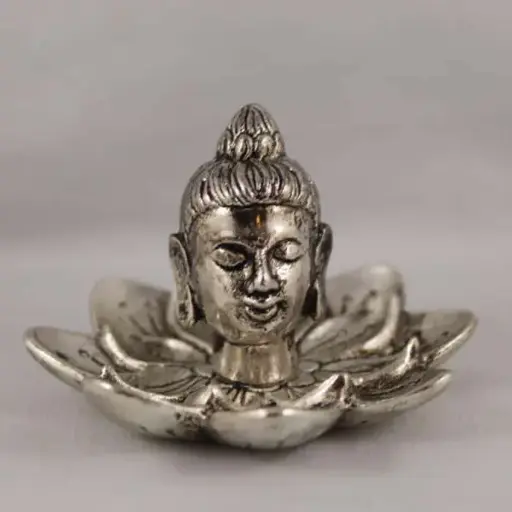 Incense Holder- White Metal Buddha Head On Lotus