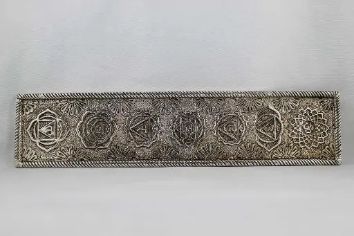 Incense Holder-White Metal Embossed Chakras 10"